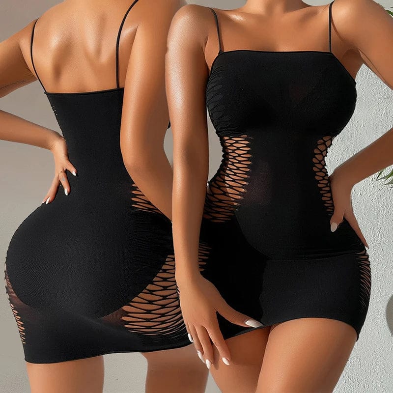 YJSFG HOUSE Women's sexy sleeveless bodycon mini dress with hollow-out fishnet design, spaghetti straps, perfect for club or evening wear.