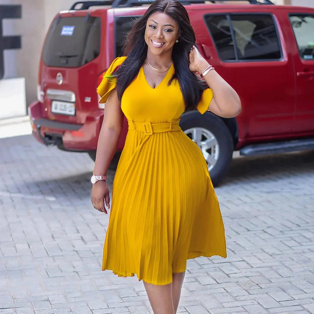 Yihddy women's V-neck pleated A-line summer dress with belt, featuring flying sleeves and a solid design for stylish summer wear.