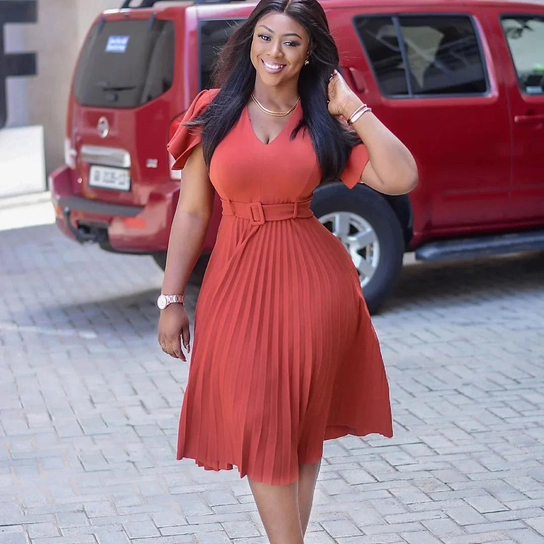 Yihddy women's V-neck pleated A-line dress with belt, flying sleeves, solid color, perfect for summer or elegant occasions.