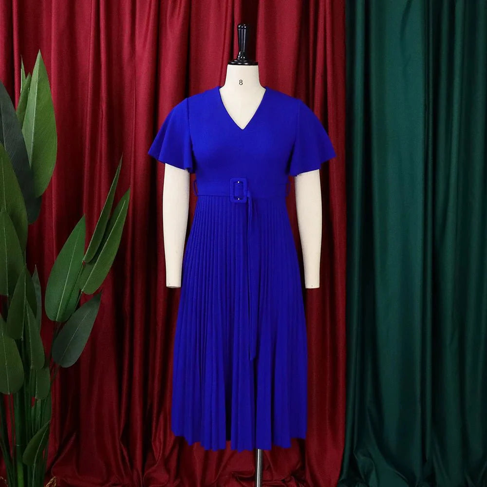 Yihddy women's V-neck pleated A-line dress with belt, featuring flying sleeves and solid summer robe design.