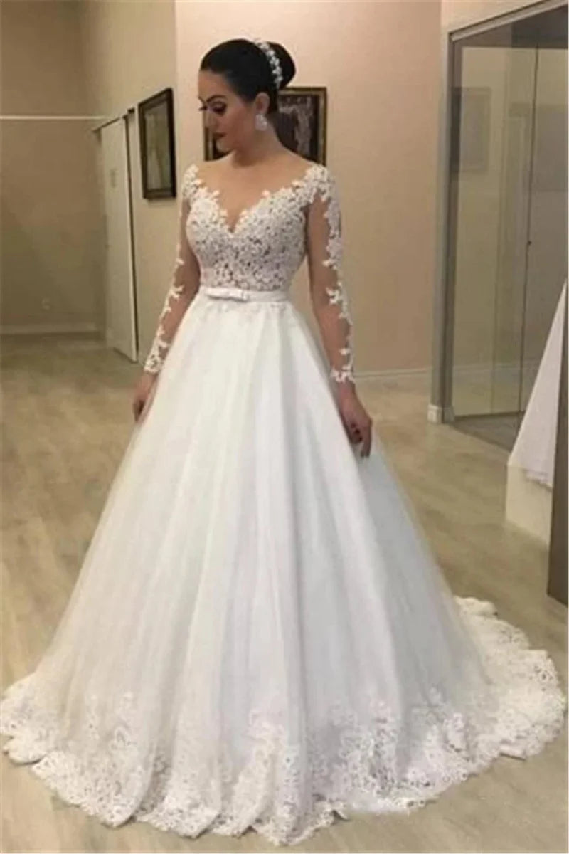Sheer long sleeve lace mermaid wedding dress with see-through back, custom two-piece bridal gown by WEIAIJIAYI.