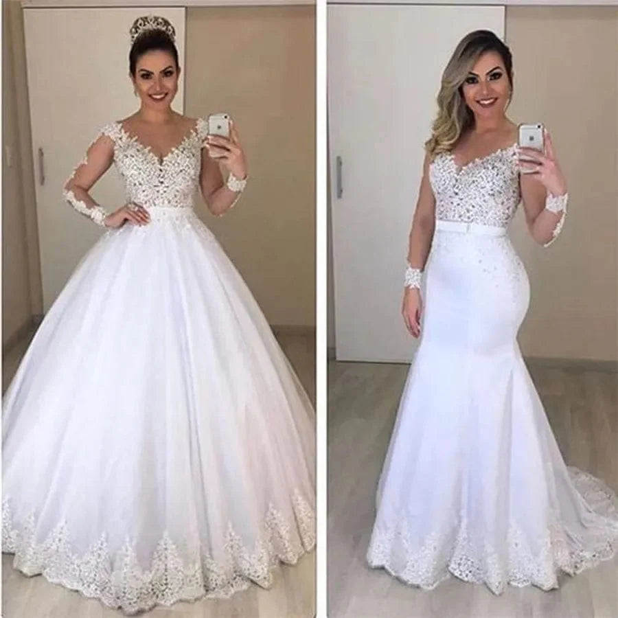 Sheer long sleeve mermaid wedding dress with a see-through back and detachable train, designed for elegant bridal wear by SHOWLU FASHION STORE.
