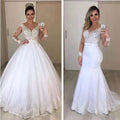 Sheer long sleeve mermaid wedding dress with see-through back and detachable train, featuring a fitted, elegant bridal gown design.
