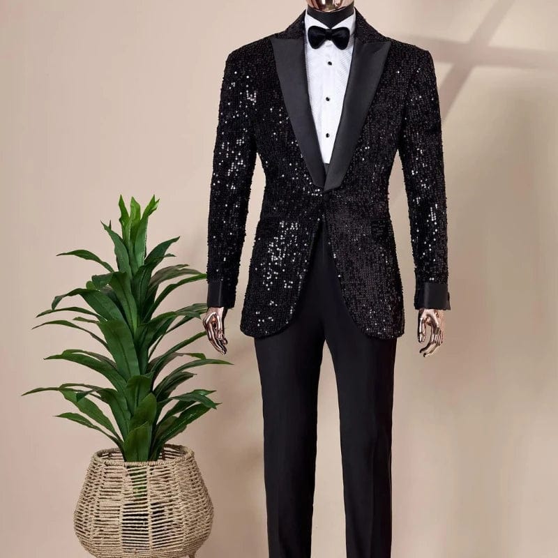 Shining sequin men's slim fit tuxedo with notch lapel blazer and matching pants, ideal for wedding or party occasions.