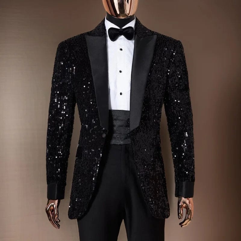 Shining men's slim fit sequin tuxedo with notched lapel blazer and matching pants, tailored for wedding or party occasions