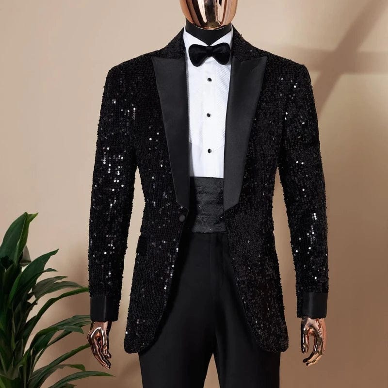 Slim fit men's sequin tuxedo by SHOWLU FASHION STORE, featuring a shiny blazer with notch lapel and matching pants for formal events.
