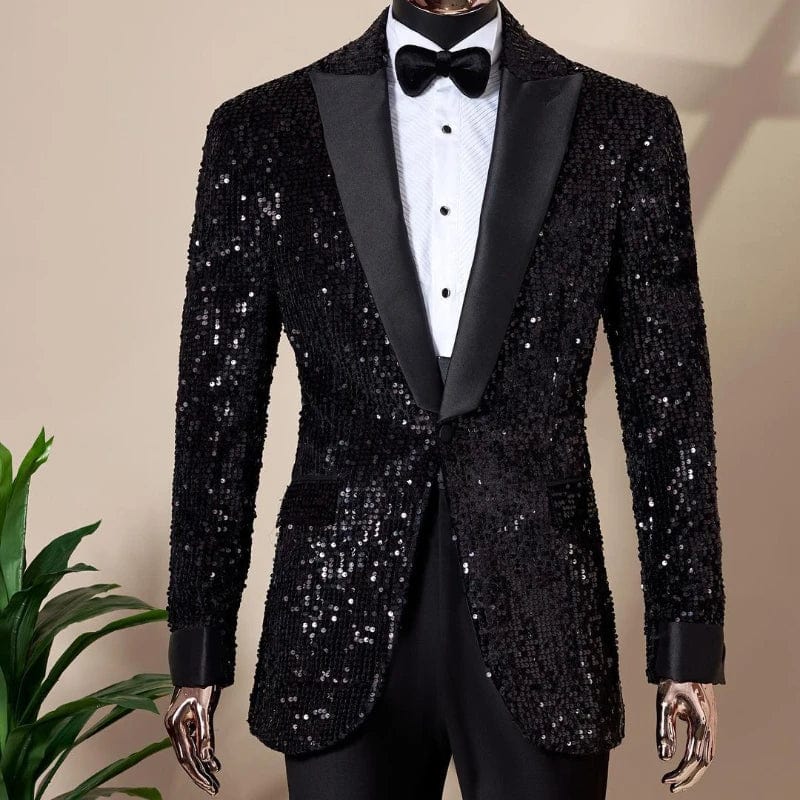 Shining men's slim fit sequin tuxedo with notched lapel blazer and matching pants, perfect for wedding or formal parties.