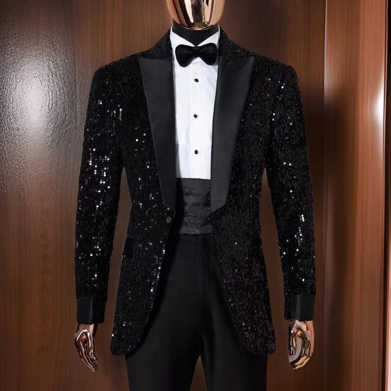 Shining men's slim fit sequin tuxedo with notched lapel blazer and matching pants, perfect for weddings and parties.