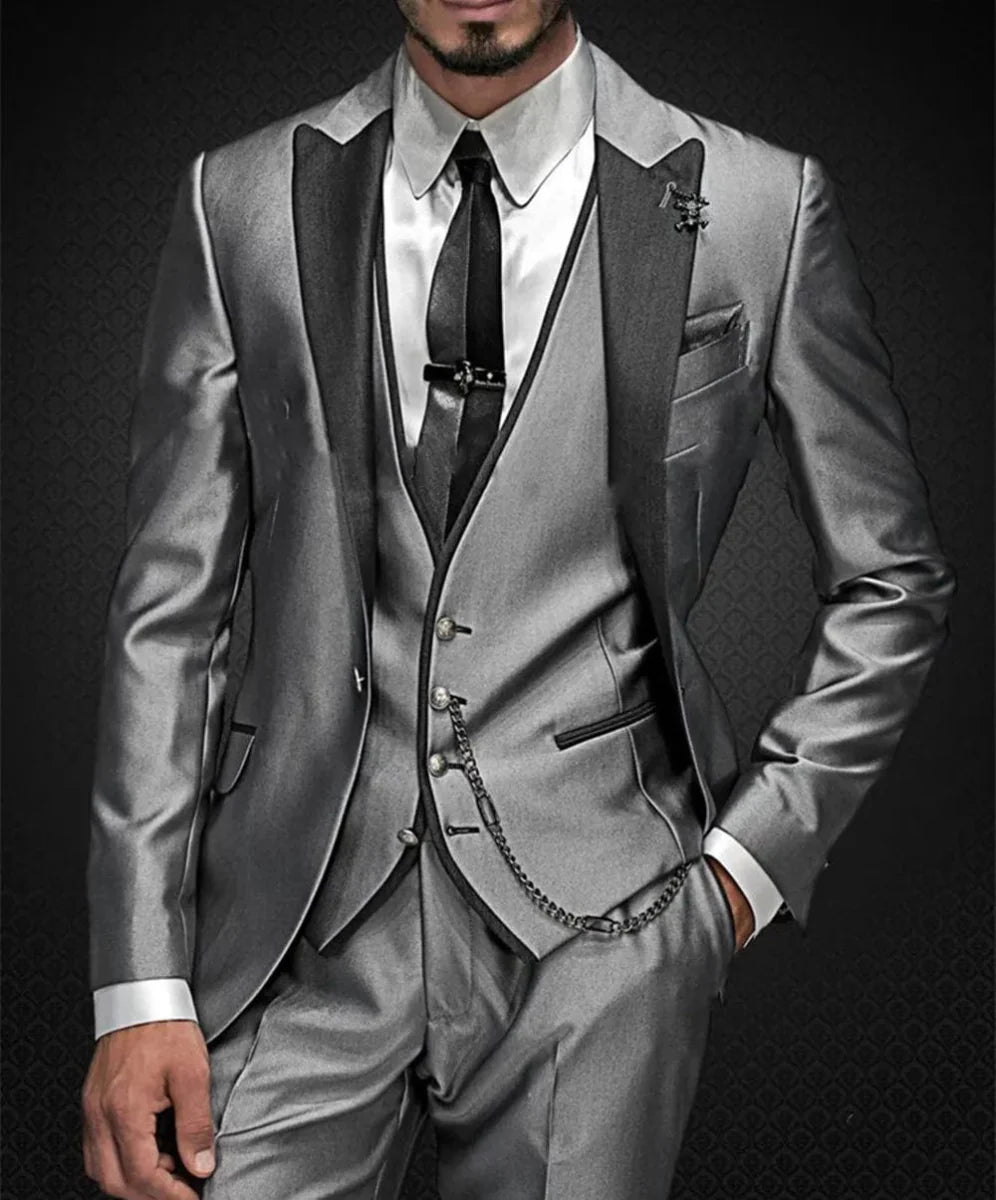 Shiny grey embroidered men's 3-piece slim fit wedding suit with jacket, pants, and vest, ideal for grooms and groomsmen.