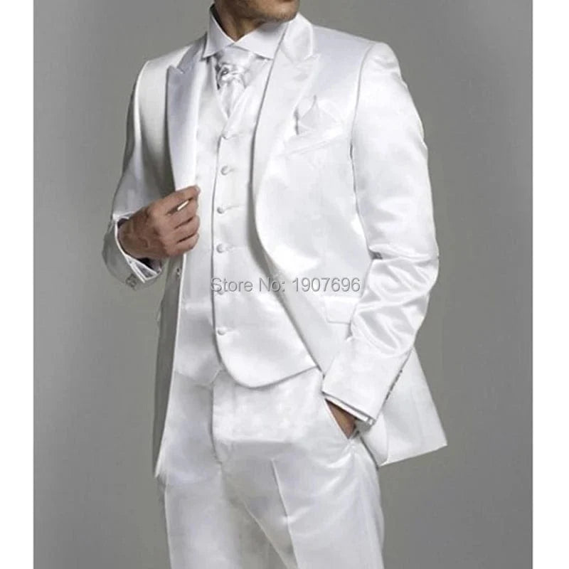 Shiny grey embroidered men's 3-piece slim fit wedding suit with blazer, vest, and pants, styled for grooms and groomsmen.