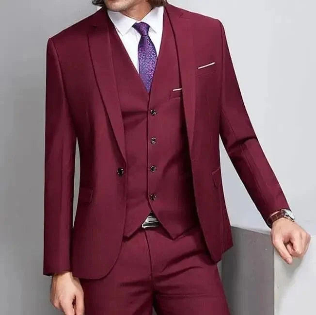 Shiny grey embroidered men's 3-piece slim fit wedding suit with jacket, pants, and vest, ideal for grooms and groomsmen.