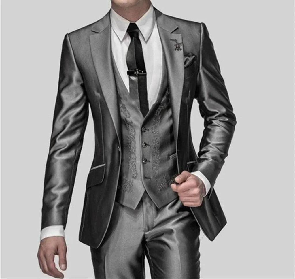 Shiny grey embroidered men's 3-piece slim fit wedding suit with jacket, pants, and vest, perfect for grooms and groomsmen.