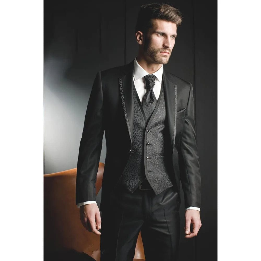 Shiny Grey Men Suits With Embroidery Groomsmen Groom Tuxedos Wedding Best Blazer Sets 3 Pieces (Jacket+Pants+Vest) Costume Homme - SHOWLU FASHION STORE