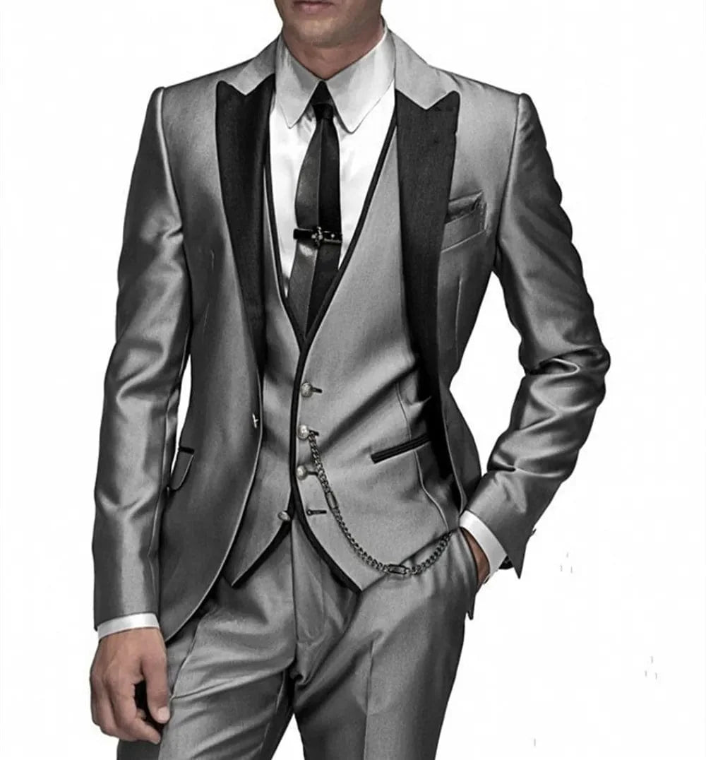Shiny grey embroidered men's 3-piece slim fit wedding suit with blazer, vest, and pants, ideal for grooms and groomsmen.