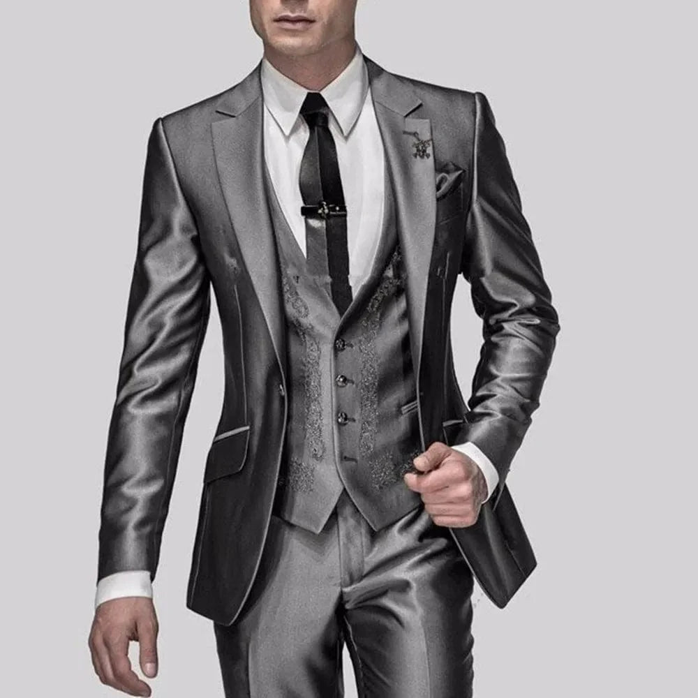 Shiny grey embroidered men's 3-piece slim fit wedding suit with blazer, vest, and pants, suitable for grooms and groomsmen.