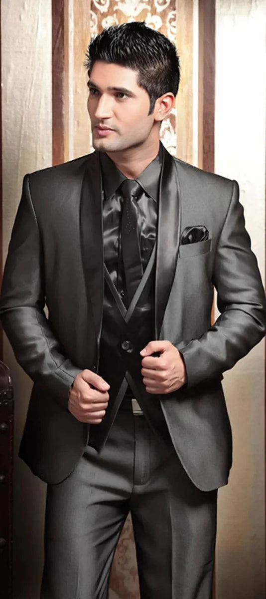 Shiny grey embroidered men's 3-piece slim fit wedding suit with jacket, pants, and vest for groomsmen or groom.