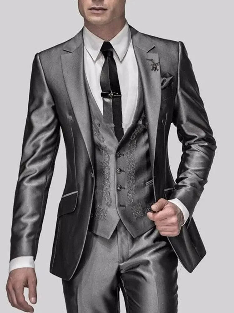 Shiny grey embroidered men's 3-piece slim fit wedding suit with jacket, pants, and vest, ideal for grooms and groomsmen.