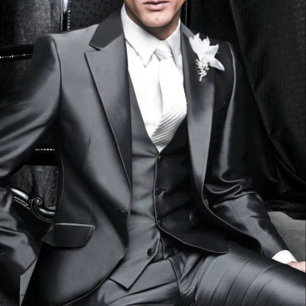 Shiny Grey Men Suits With Embroidery Groomsmen Groom Tuxedos Wedding Best Blazer Sets 3 Pieces (Jacket+Pants+Vest) Costume Homme - SHOWLU FASHION STORE