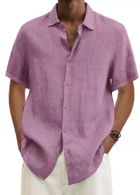 Showlu Fashion men's cotton linen V-neck casual shirt with short sleeves, European and American style, loose fit.