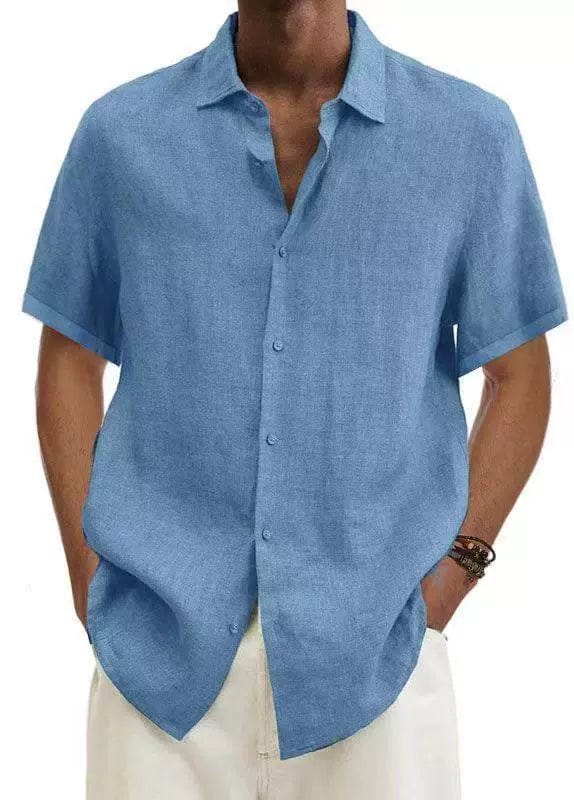 Men's cotton linen V-neck casual shirt by Showlu Fashion, featuring short sleeves and a relaxed fit with button details.