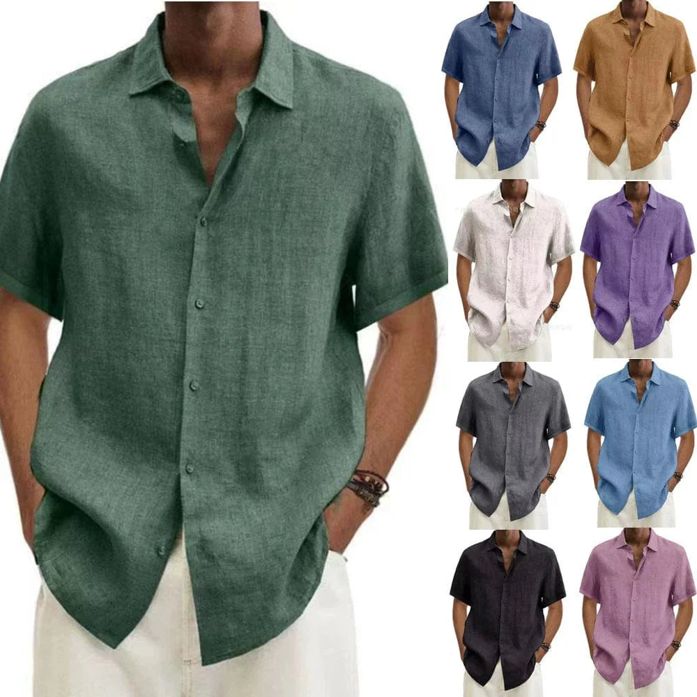Showlu Fashion men's cotton linen V-neck casual shirt with short sleeves, European and American style, relaxed fit.