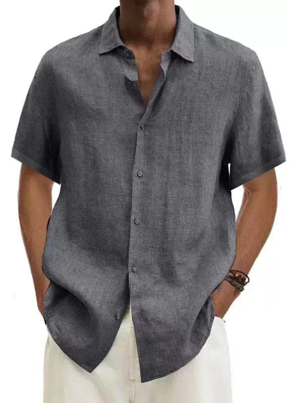 Showlu Fashion men's cotton linen V-neck casual short sleeve shirt with European and American button details.