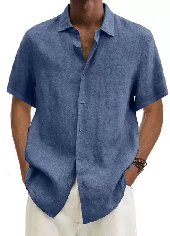Showlu Fashion men's cotton linen V-neck casual shirt with short sleeves, European and American style, loose fit, button closure.