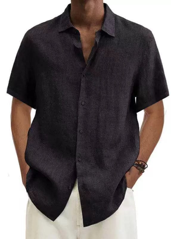 Men's cotton linen V-neck casual shirt by Showlu Fashion, featuring short sleeves and a relaxed European and American style.