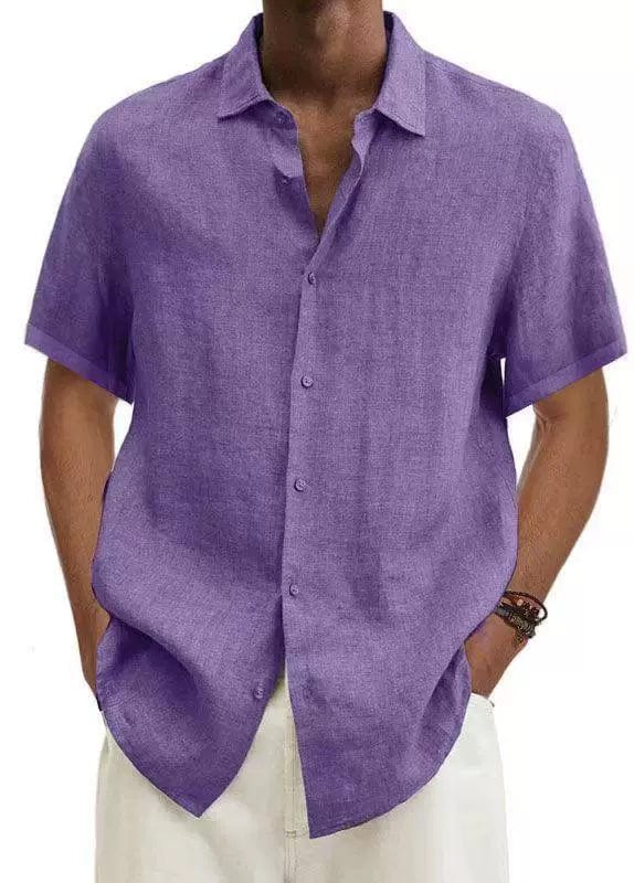Men's cotton linen V-neck casual shirt by Showlu Fashion, featuring short sleeves and a relaxed fit with button details.