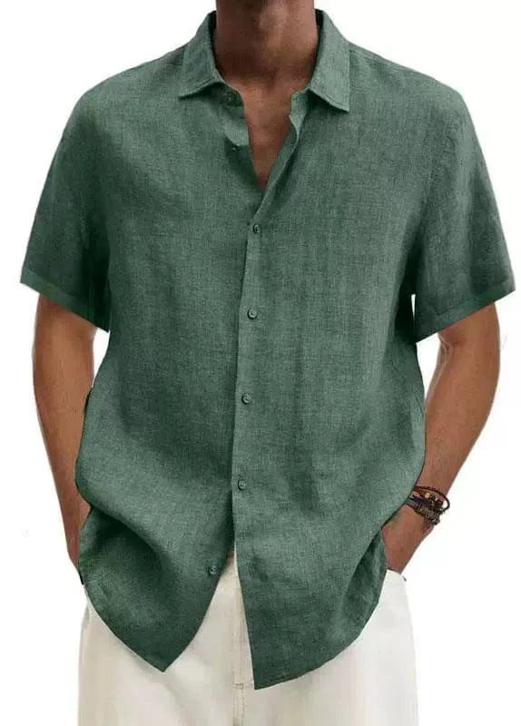 Showlu Fashion men's cotton linen V-neck casual short sleeve shirt with European and American button details.