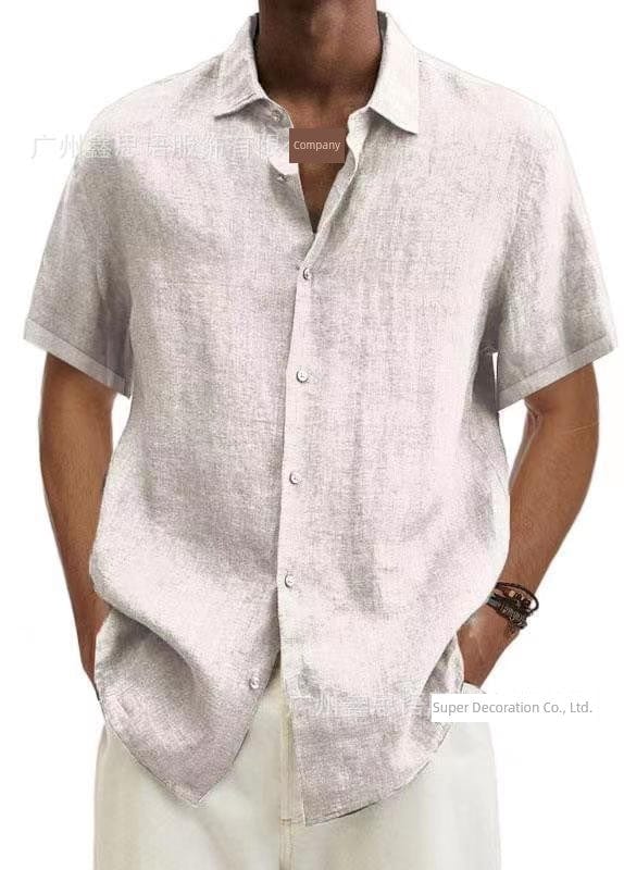 Showlu Fashion men's cotton linen V-neck casual short sleeve shirt with button closure in a relaxed fit.