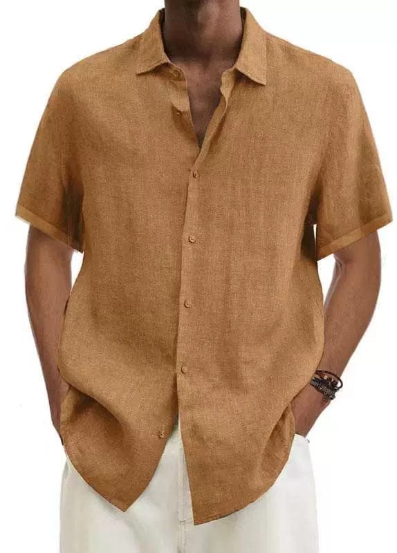 Men's Showlu Fashion cotton linen V-neck shirt with short sleeves, casual loose fit, European and American style button-front design.