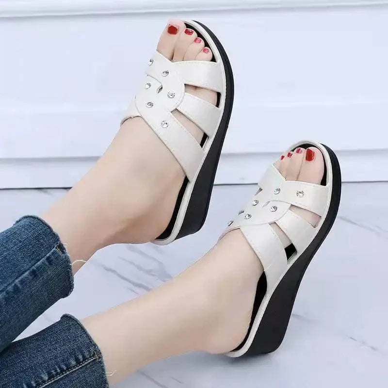 Showlu Fashion Store women's wedge heel slippers with non-slip thick soles, summer sandals, and stylish comfort for home and casual wear.