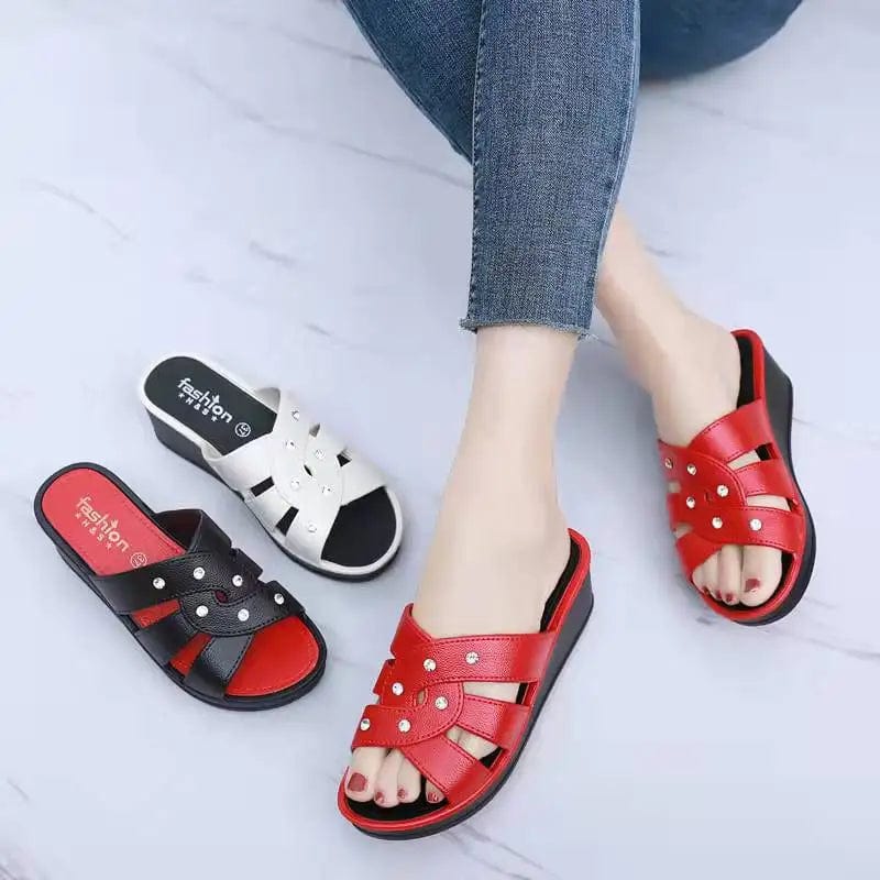 Showlu Fashion Women's wedge heel slippers with non-slip soles, thick bottom, and summer sandal design for comfortable home wear.