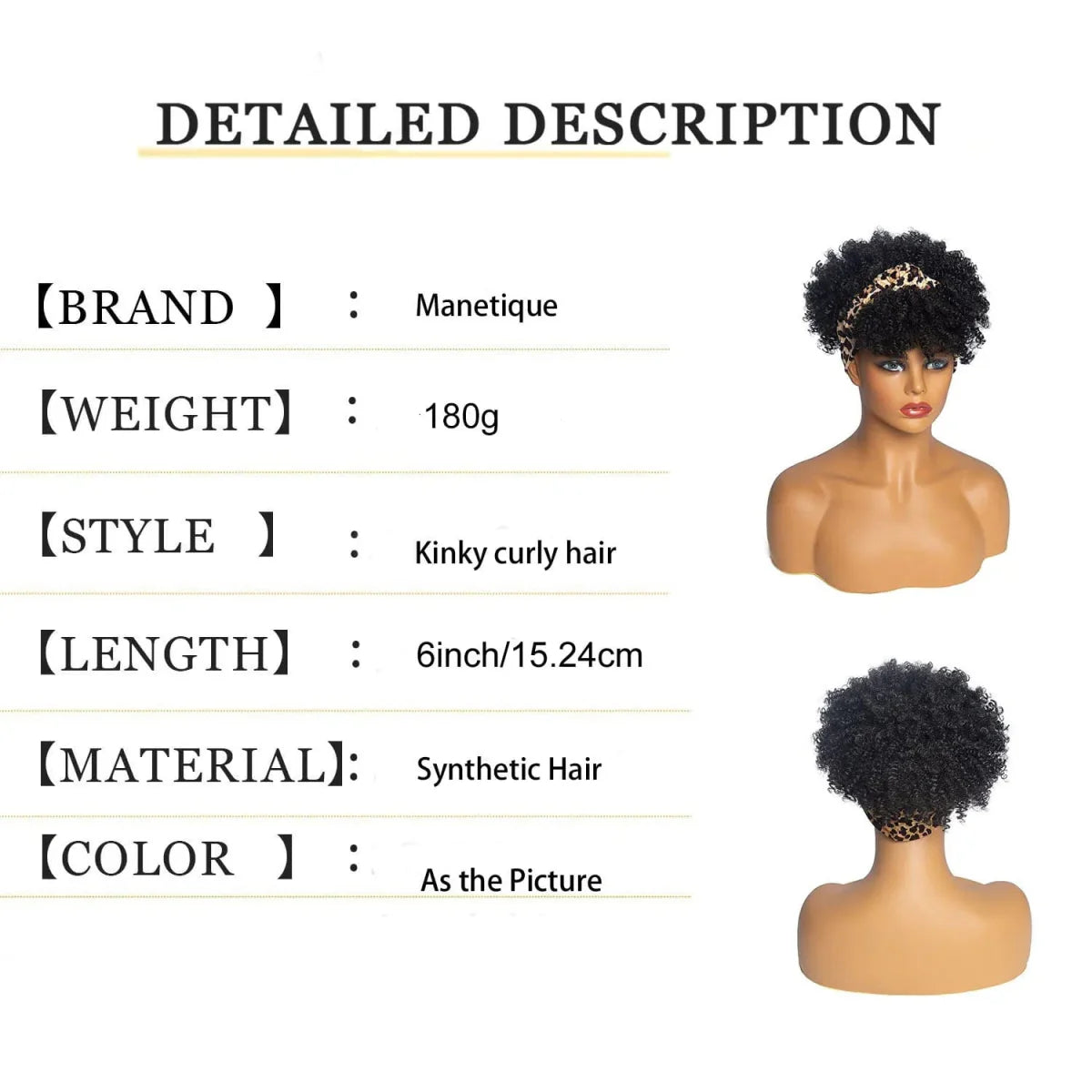 SHOWLU FASHION STORE Manetique short afro kinky curly headband wig with turban, synthetic ombre hair for women cosplay or casual wear.