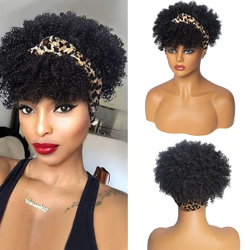 Showlu Fashion Store Manetique short afro kinky curly headband wig with turban, synthetic hair, ombre color, for women’s cosplay or everyday wear.
