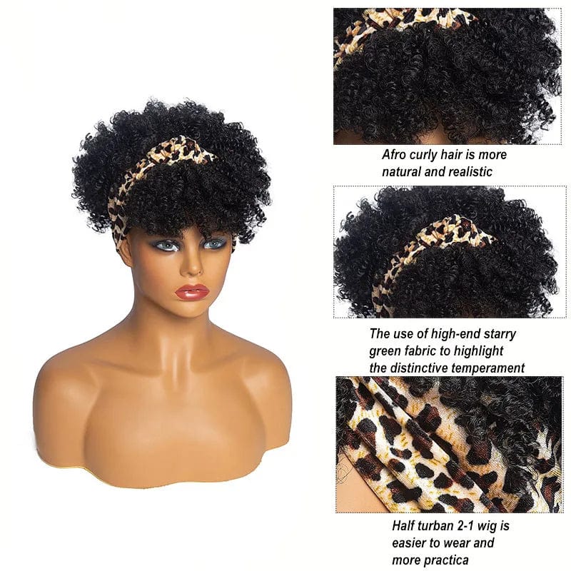 Manetique short afro kinky curly headband wig with turban, synthetic high-temperature hair, ombre color, for women’s cosplay and stylish wear
