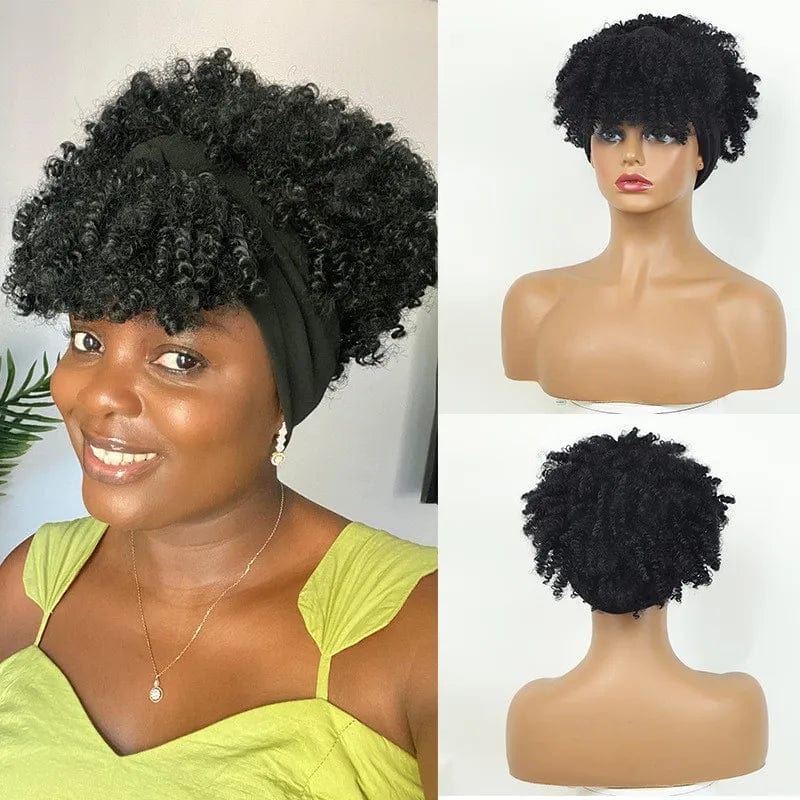 Manetique short afro kinky curly headband wig with turban, synthetic hair, ombre color, for women’s cosplay or fashion styling