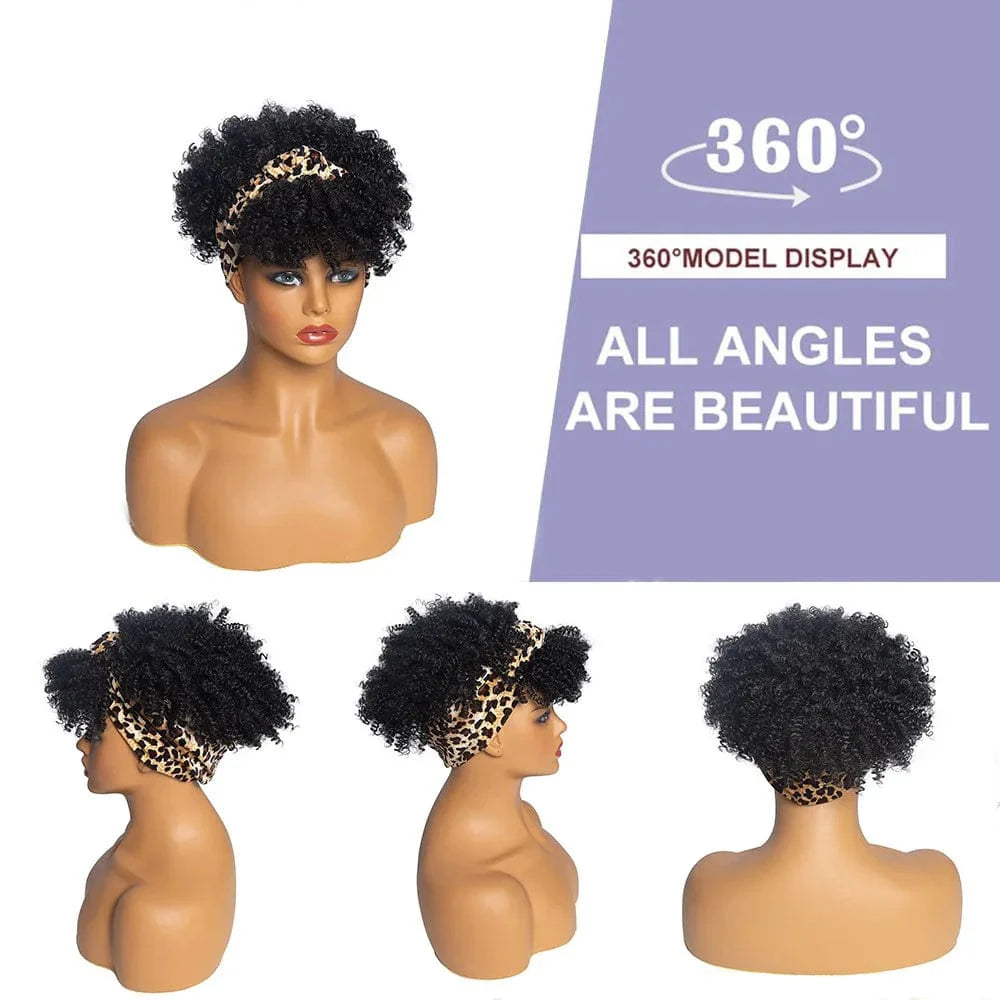 Short Afro kinky curly headband wig with turban, synthetic hair, ombre color, suitable for women’s cosplay or everyday style.