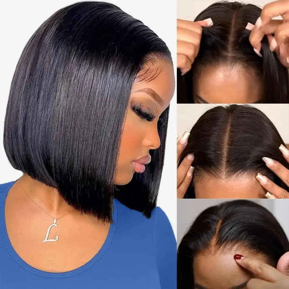 Short straight bob wig with 4x4 HD lace, glueless human hair, lace front, showcases realistic hair texture and natural hairline.