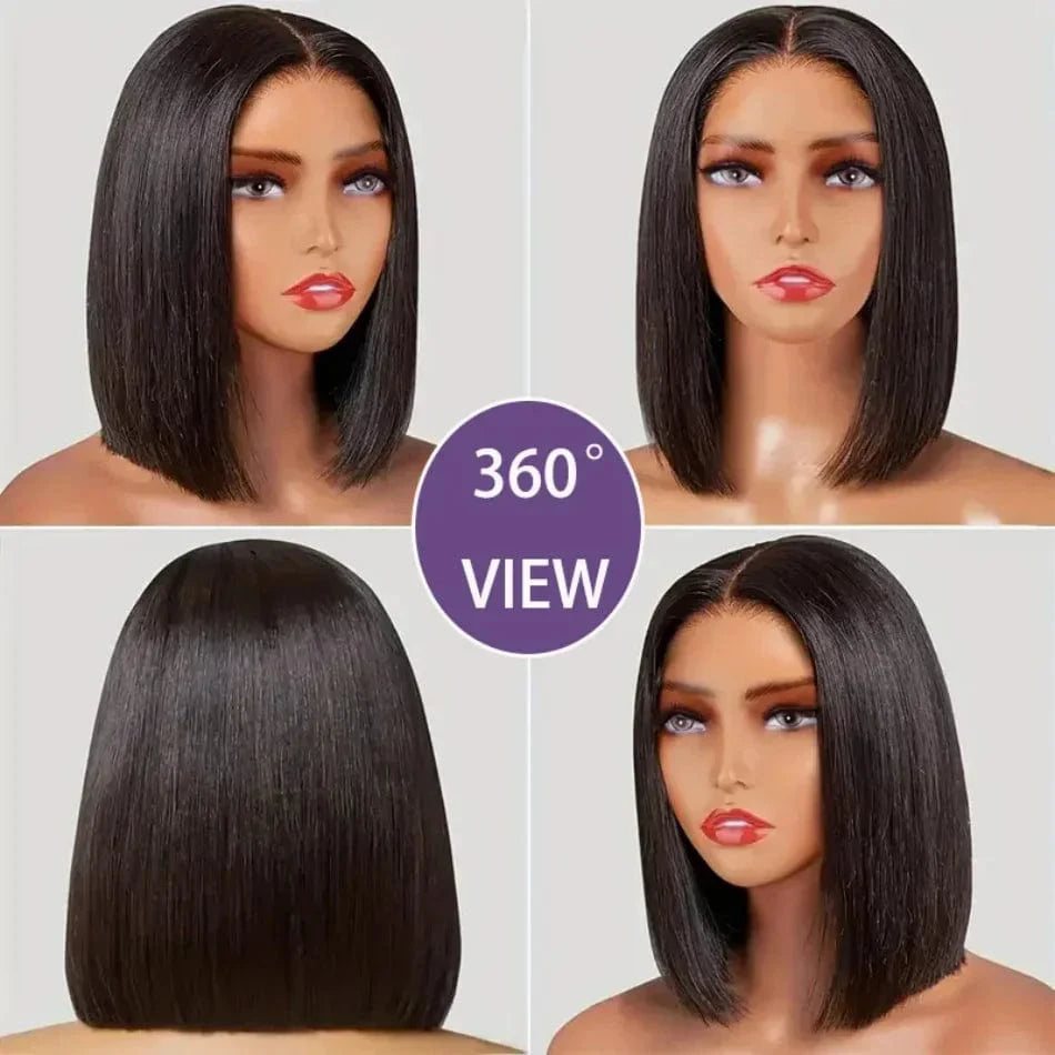 SHOWLU FASHION short straight bob wig with 4x4 glueless HD lace human hair, featuring a lace front and natural hair texture.