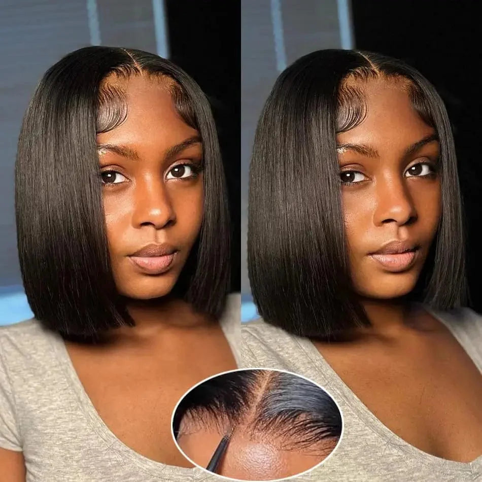SHOWLU FASHION short straight bob wig with 4x4 HD lace, human hair, glueless closure, and lace frontal for natural styling.