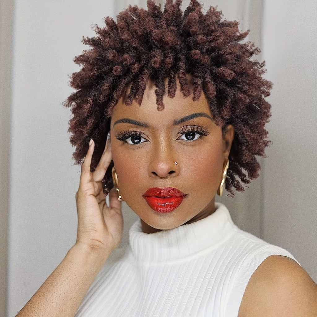 SHOWLU FASHION short dreadlock wig with 6-inch afro curly faux locs in natural black, featuring twisted, braided synthetic hair.