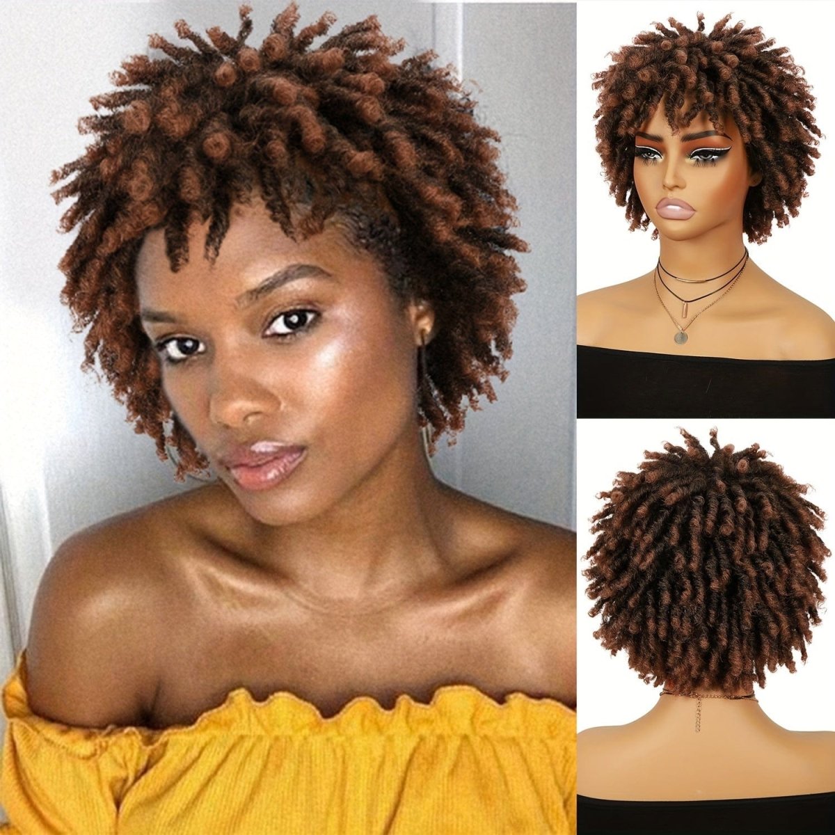 SHOWLU FASHION short dreadlock wig with 6-inch afro curly faux locs, featuring twisted, braided style in natural black color.