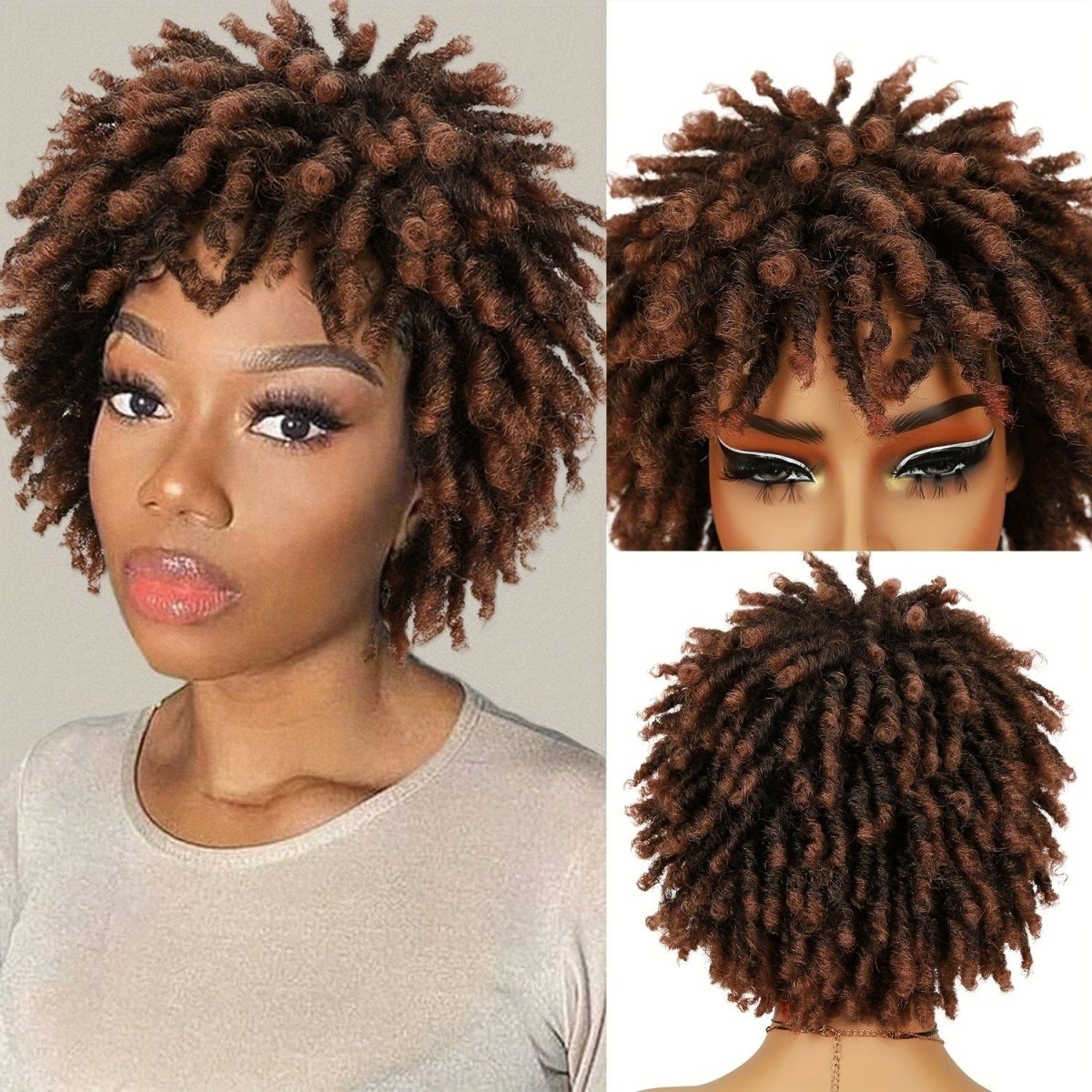 SHOWLU FASHION short dreadlock wig with 6-inch afro curly faux locs in natural black and ombre synthetic hair style for women.
