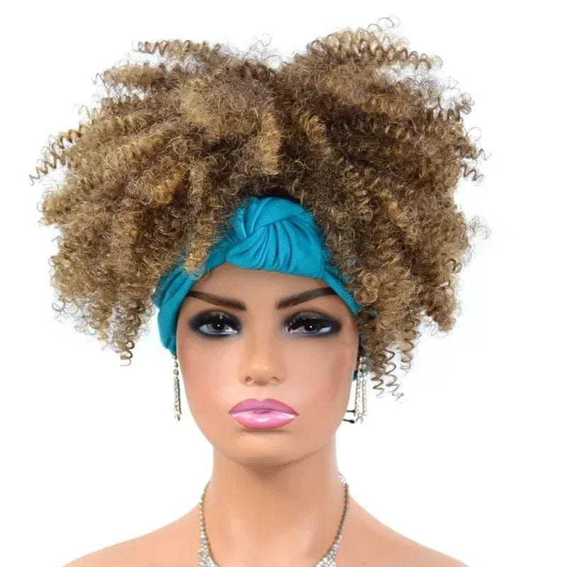 Short afro kinky curly headband wig by SHOWLU FASHION STORE, synthetic turban wrap with natural afro puff for women.