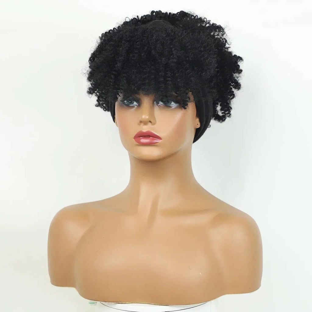 SHOWLU FASHION STORE Manetique short afro kinky curly headband wig with synthetic turban wrap for women, natural and stylish daily wear