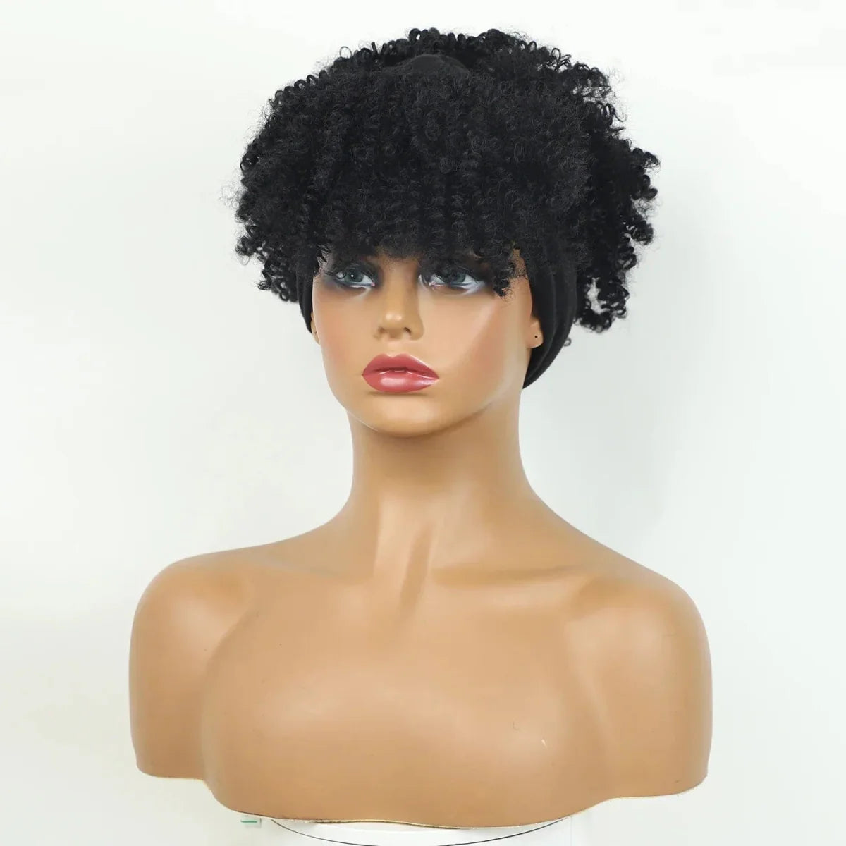 SHOWLU FASHION STORE Manetique short afro kinky curly headband wig with synthetic turban wrap for women, natural and stylish daily wear