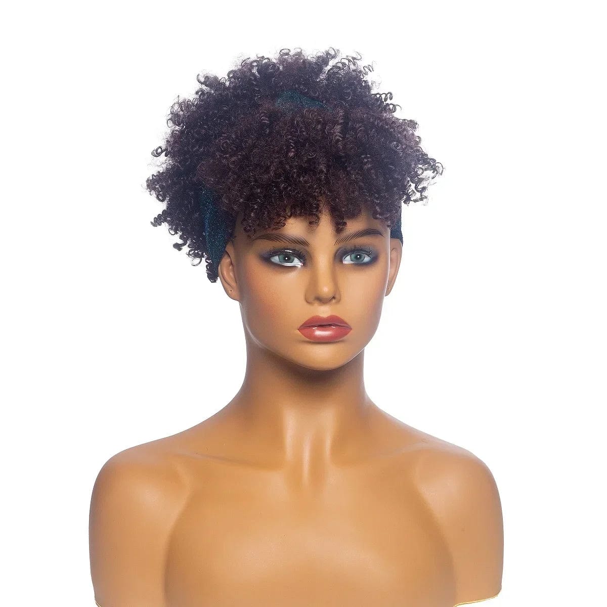 SHOWLU FASHION STORE Manetique short afro kinky curly headband wig with synthetic turban wrap, natural and stylish for daily wear.