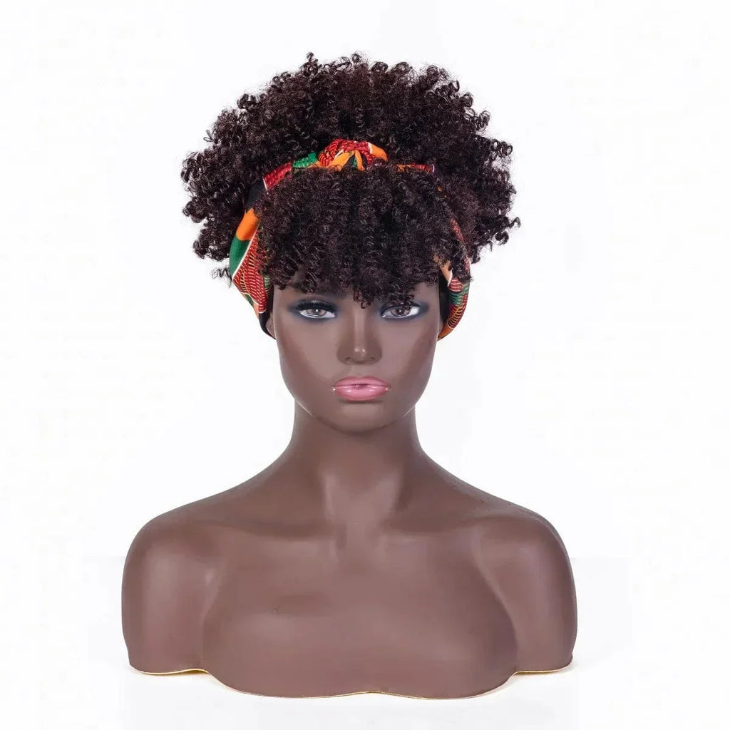 SHOWLU FASHION STORE Manetique short afro kinky curly headband wig with natural synthetic turban wrap for women, daily wear or cosplay.